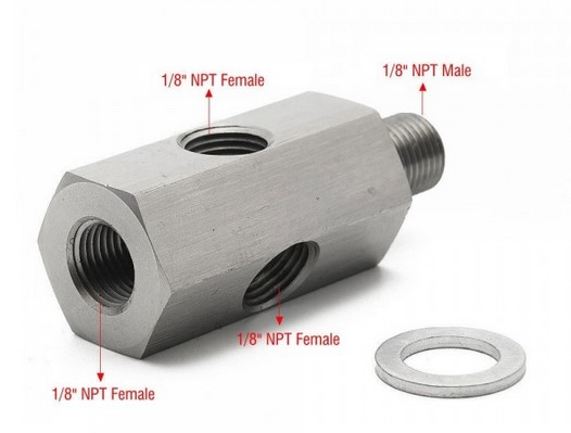 картинка Адаптер под сенсор температуры/давления масла, резьба - папа 1/8 NTP, мама 1/8 NTP, мама 1/8 NTP, мама 1/8 NTP магазин  StreetTuning 